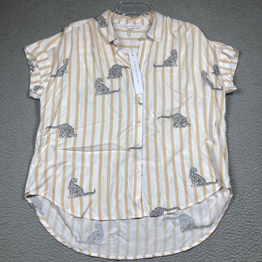 Jane + Delancey Top Women's Medium‎ Cheetah Beige Stripe Button Up Short Sleeve